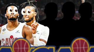 Donovan Mitchell and Darius Garland on one side with the big eyes emoji over their faces, three silhouettes of basketball players on the other side with question marks around them