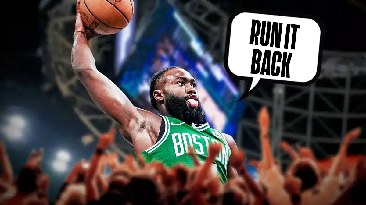 Jaylen Brown dunking on any background (maybe a basic celtics background or a basketball court background) with a speech bubble from him reading “Run it back”