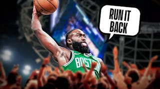 Jaylen Brown dunking on any background (maybe a basic celtics background or a basketball court background) with a speech bubble from him reading “Run it back”