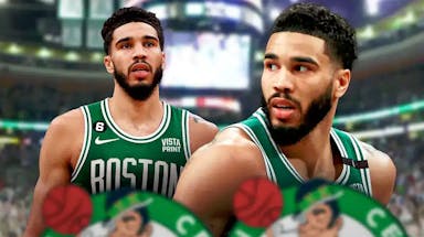 Image of Jayson Tatum looking serious in front. In background, need an image of Jayson Tatum from the 2022 NBA Finals looking sad.