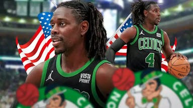 Jrue Holiday in a Celtics jersey smiling on a background with the American flag.