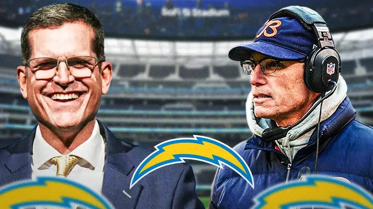 Chargers Jim Harbaugh next to Bears Marc Trestman next to a Chargers logo at SoFi Stadium