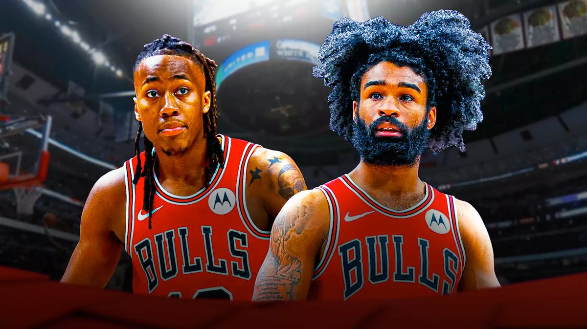 Bulls, All-Star break, Bulls All-Star break, Zach LaVine, Coby White, Ayo Dosunmu and Coby White in Bulls unis with Bulls arena in the background