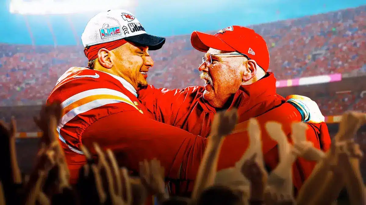 Chiefs quarterback Patrick Mahomes stands next to Andy Reid after Super Bowl win