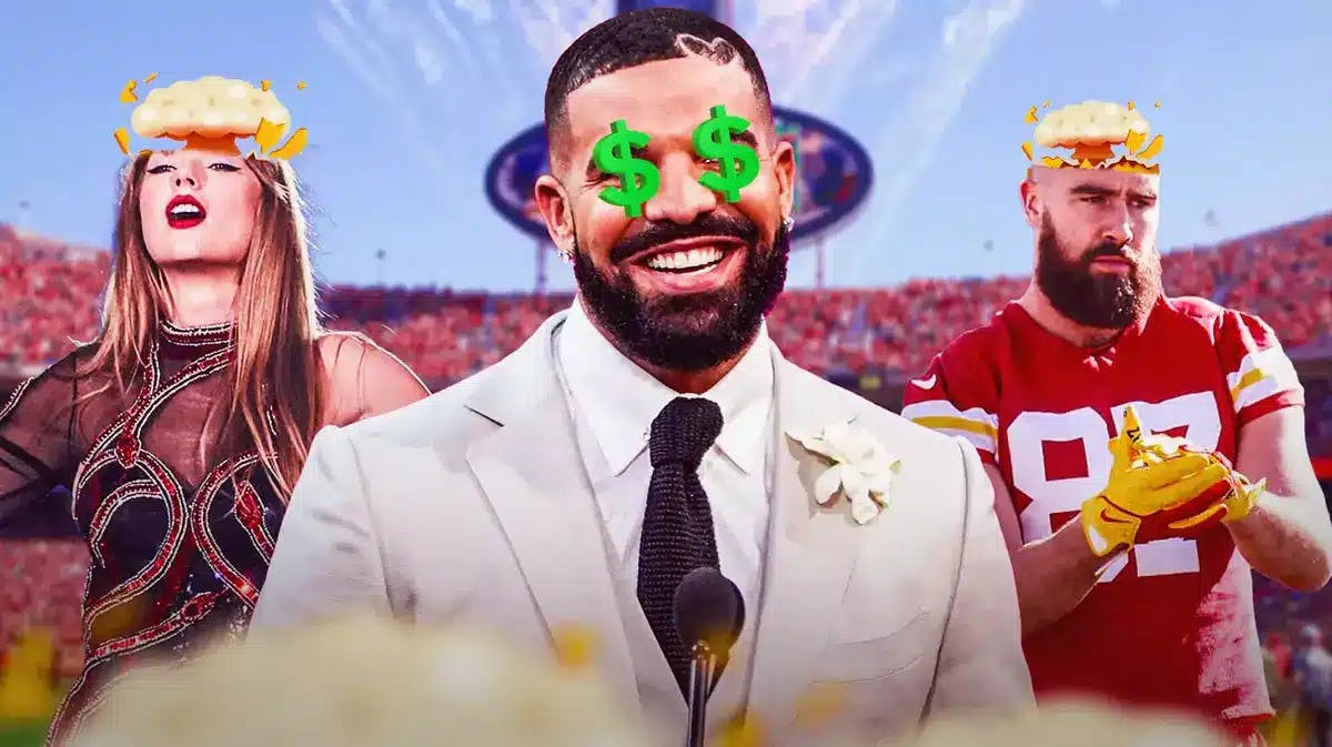 Drake with dollar signs in his eyes. Taylor Swift and Chiefs' Travis Kelce with mind-blown heads