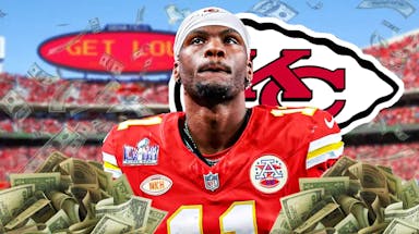 Marquez Valdes-Scantling next to a Chiefs logo and money at Arrowhead Stadium