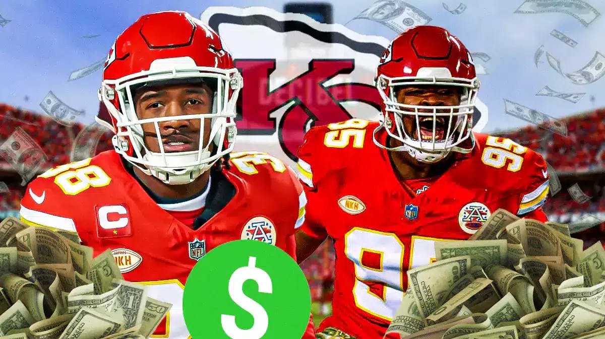 L’Jarius Sneed with a tag attached to him with $$$ on it. Chris Jones next to him with money falling behind him. (Kansas City Chiefs)