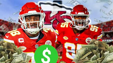 L’Jarius Sneed with a tag attached to him with $$$ on it. Chris Jones next to him with money falling behind him. (Kansas City Chiefs)