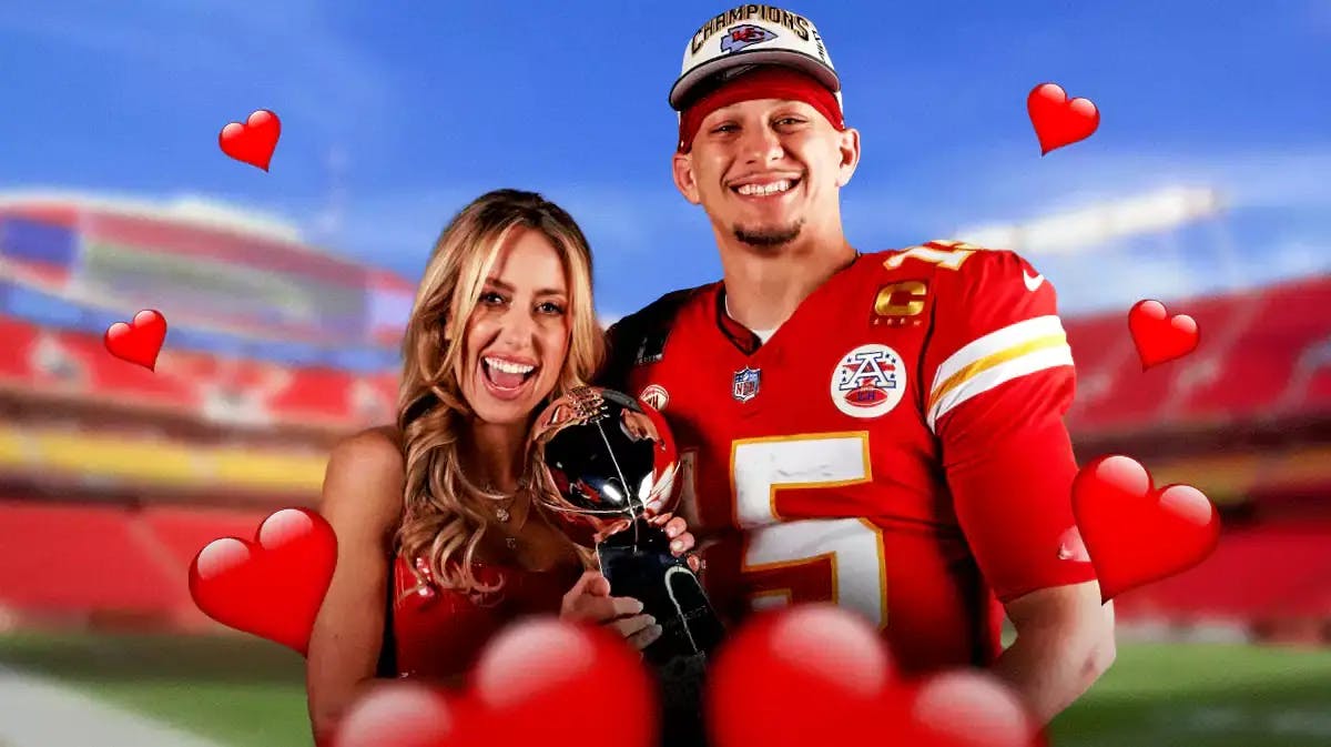 NFL quarterback Patrick Mahomes of the Kansas City Chiefs and his wife, Brittany, holding the Lombardi Trophy.