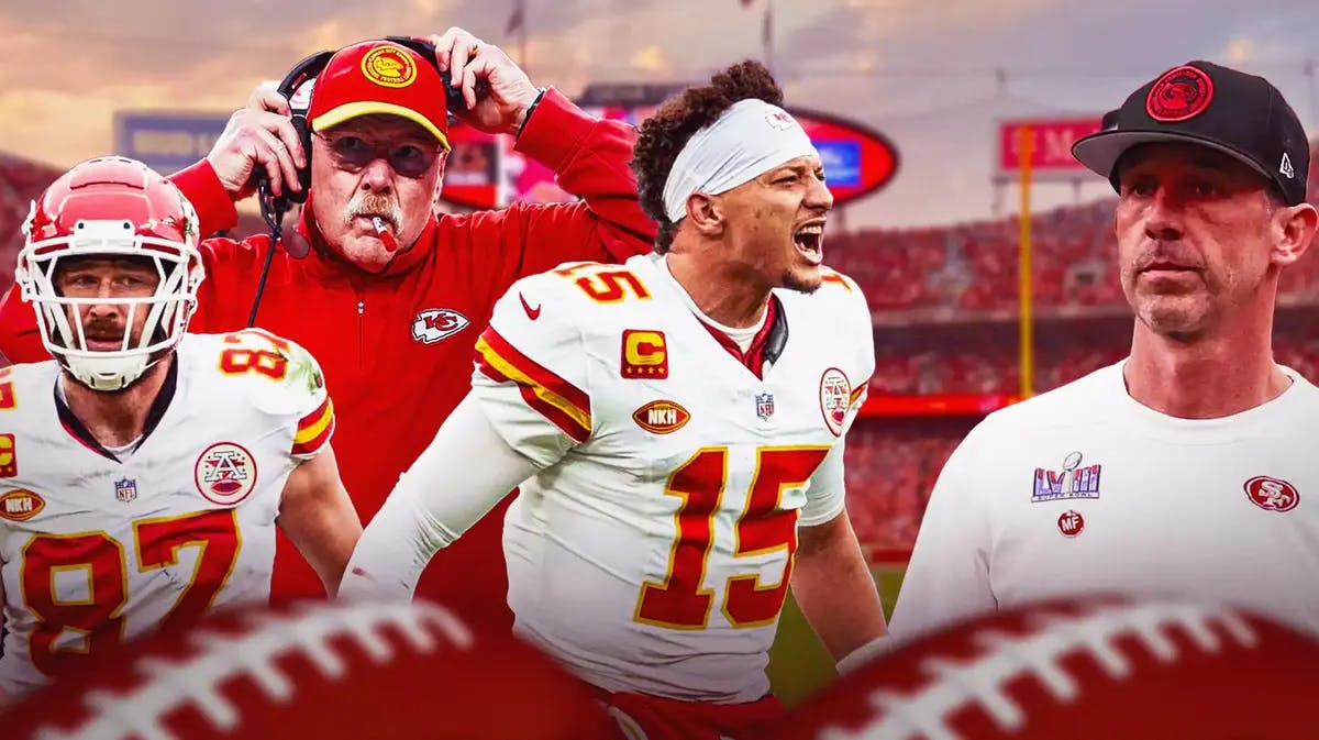 Patrick Mahomes celebrating with Travis Kelce, Andy Reid and have Kyle Shanahan looking sad.