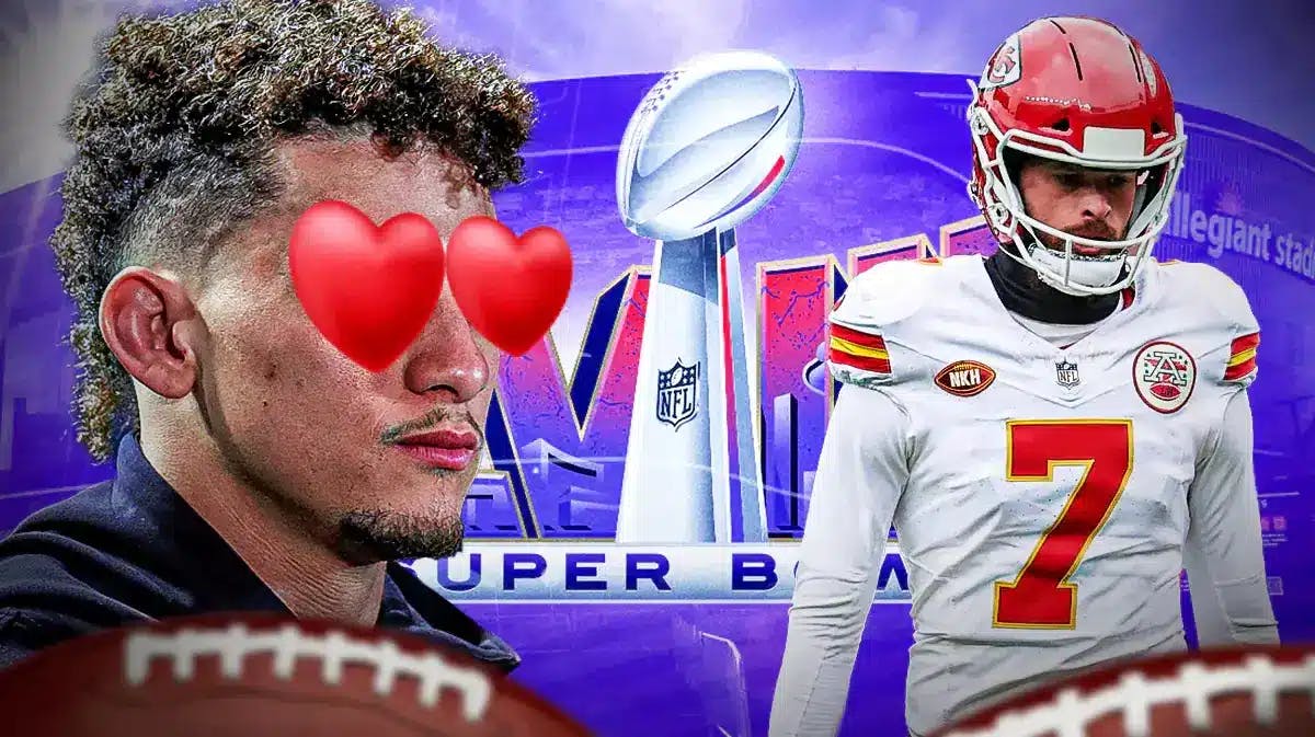 Patrick Mahomes with heart eyes looking at Harrison Butker. Super Bowl 58 logo in background