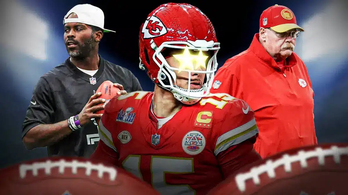 Patrick Mahomes on one side with stars in his eys, Michael Vick and Andy Reid on the other side