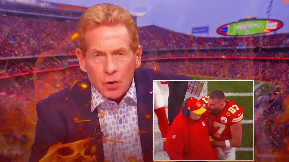 Skip Bayless surrounded by fire next to a still image of Chiefs' Travis Kelce bumping Andy Reid