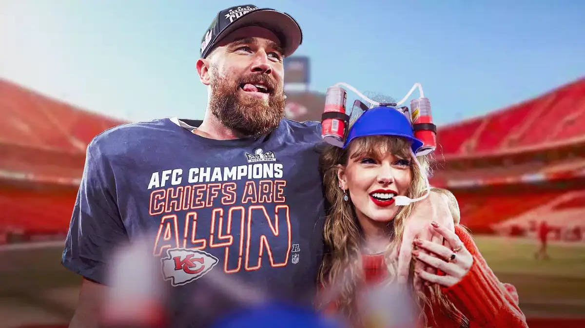 Pop star Taylor Swift and KC Chiefs' Travis Kelce. Please photoshop a beer helmet on Swift too please.