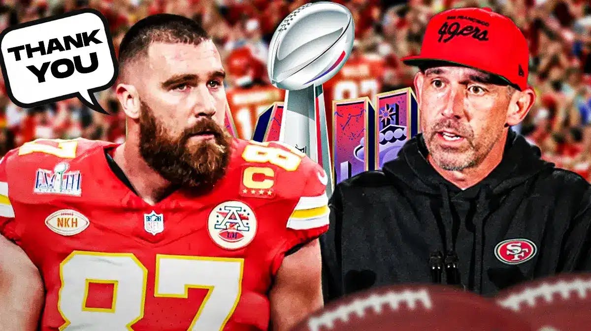 Travis Kelce saying “thank you” to Kyle Shanahan. Super Bowl 58 logo in background