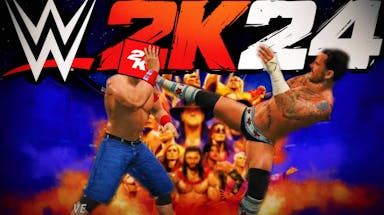 CM Punk kicking John Cena in the face, but with 2K's logo over Cena's face. Big WWE 2K24 logo on the background over the blurred WWE 2K24 key visual