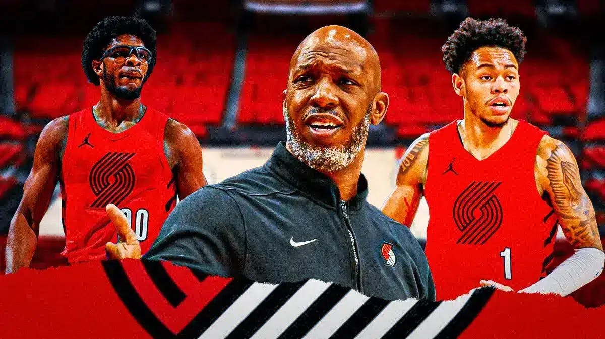 Blazers coach Chauncey Billups with Anfernee Simons and Scoot Henderson