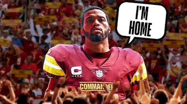 Caleb Williams in a Washington Commanders jersey saying "I'm home"