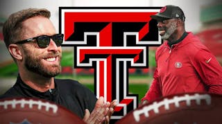 Commanders' coaches Kliff Kingsbury and Anthony Lynn next to the Texas Tech logo