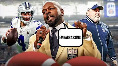 Emmitt Smith (recent picture) with speech bubble saying “Embarrassing!” to Cowboys coach Mike McCarthy and QB Dak Prescott