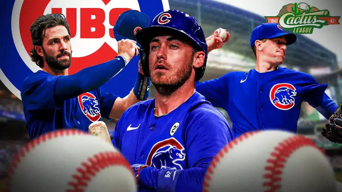 Cody Bellinger, Kyle Hendricks, Dansby Swanson all together with Cubs logo in the background and Cactus league logo in the front.