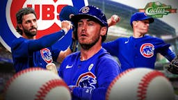 Cody Bellinger, Kyle Hendricks, Dansby Swanson all together with Cubs logo in the background and Cactus league logo in the front.