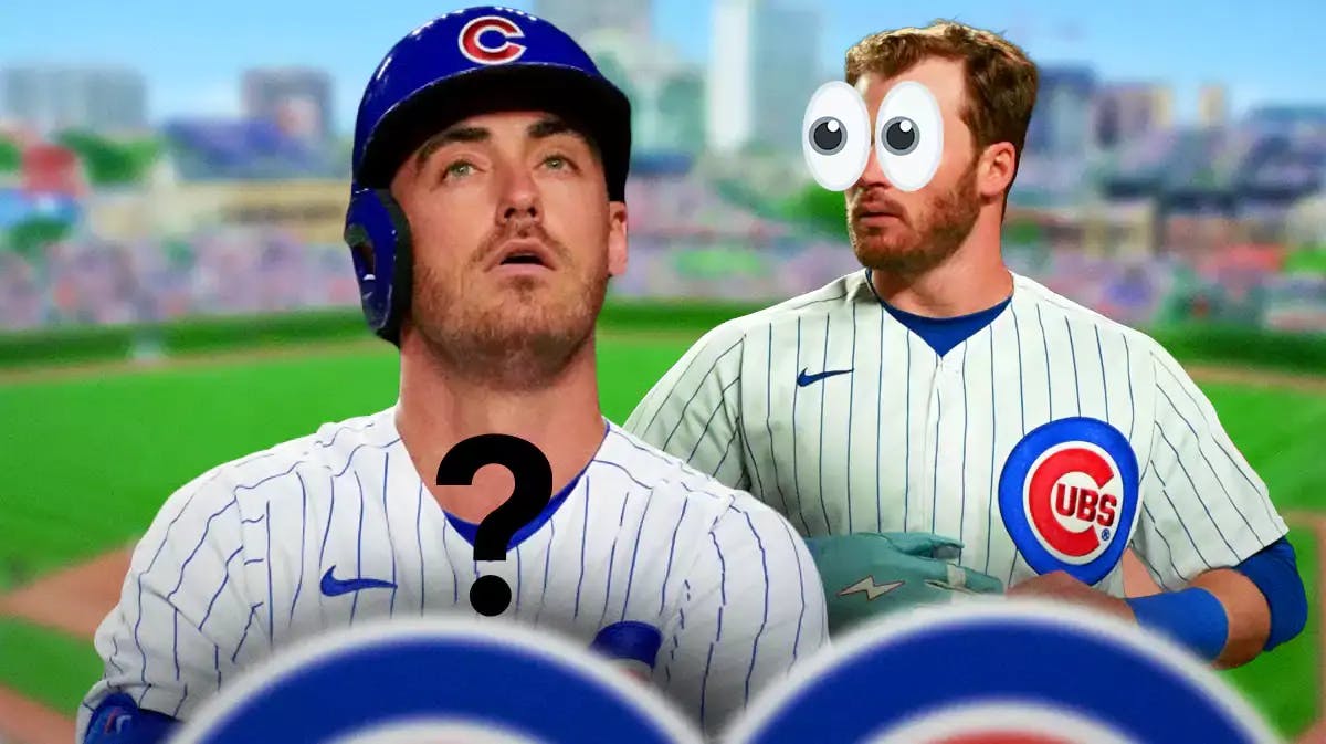 Cubs' Ian Happ eyes popping out looking at Cody Bellinger. However, have Bellinger wearing a generic uniform with a question mark on his jersey. Wrigley Field background.