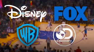 Disney, Warner Bros. Discovery, and Fox logos with a basketball game in background.