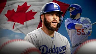 Former Dodgers catcher Russell Martin in front of Canadian flag