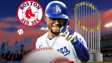 Mookie Betts (Dodgers) in front looking serious. World Series trophy, Red Sox logo, and Dodgers logo in background.