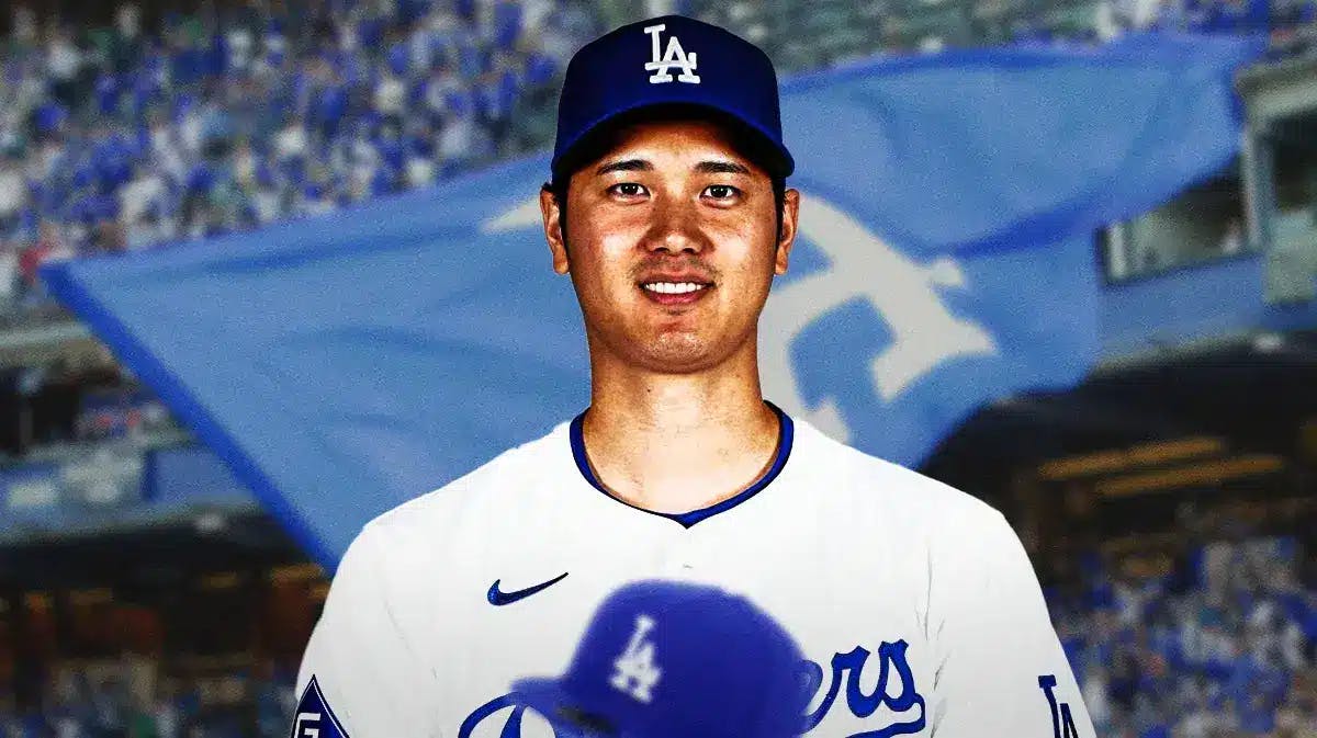 Shohei Ohtani smiling in a Dodgers uniform