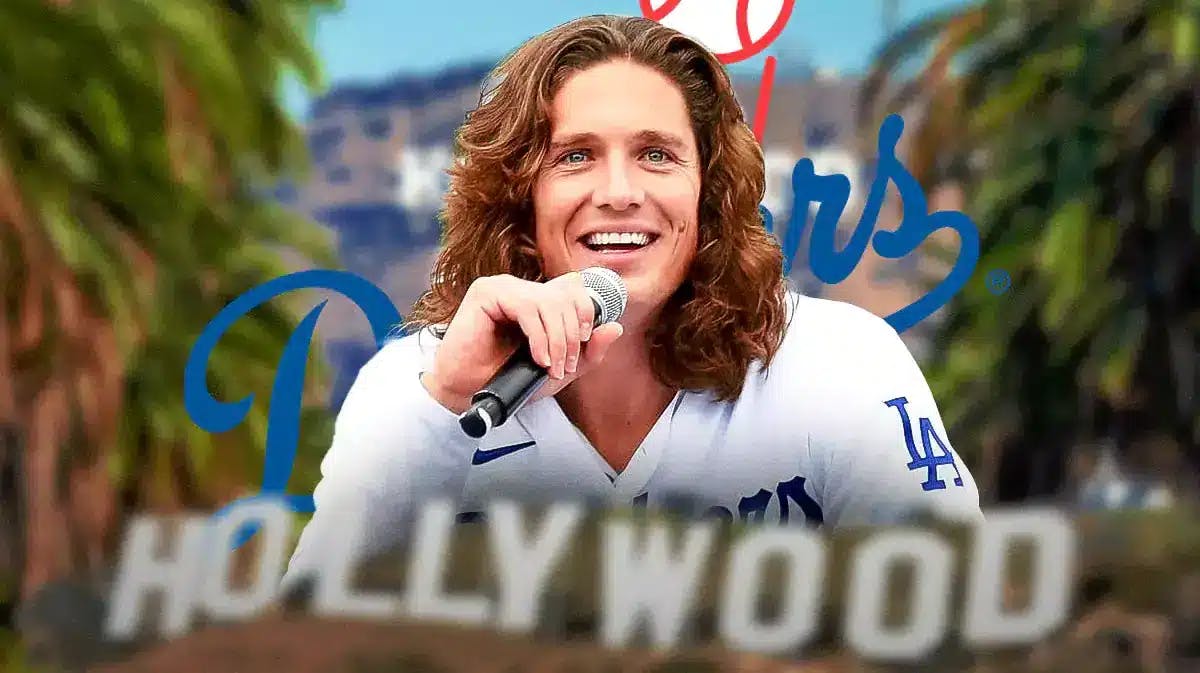 Dodgers' Tyler Glasnow smiling in front of the Hollywood Sign.