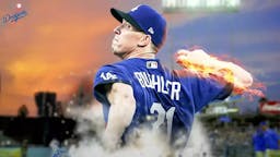 Dodgers Walker Buehler throwing a pitch with his arm made of fire at Dodgers Stadium
