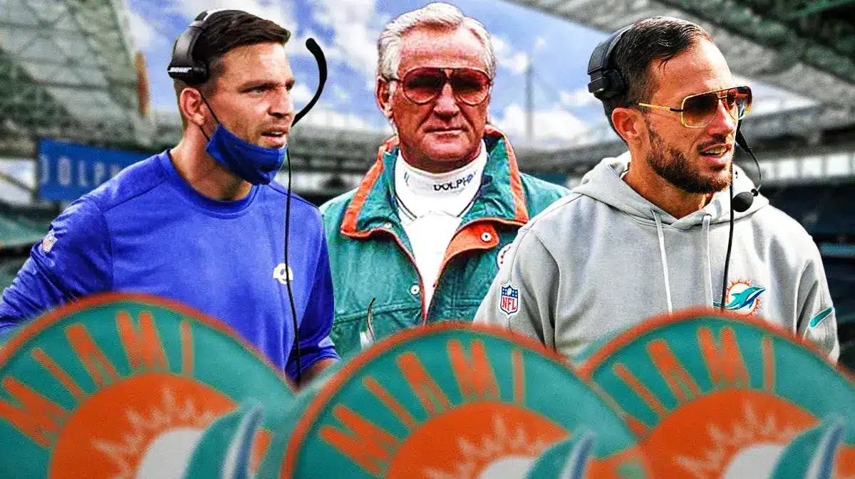 Rams coach Chris Shula, former Dolphins Coach Don Shula and current Dolphins Coach Mike McDaniel - with Dolphins background