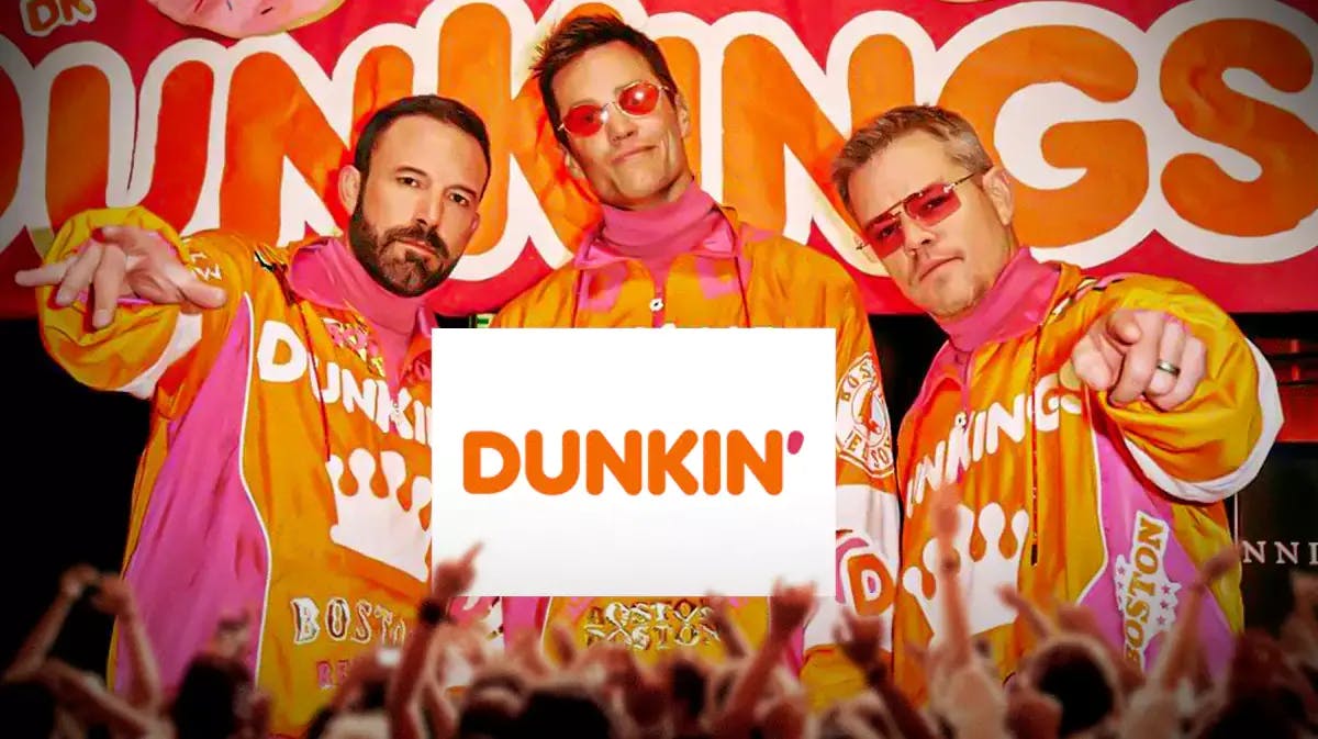 Dunkin logo with Ben Affleck, Tom Brady, and Matt Damon in Super Bowl 58 ad.