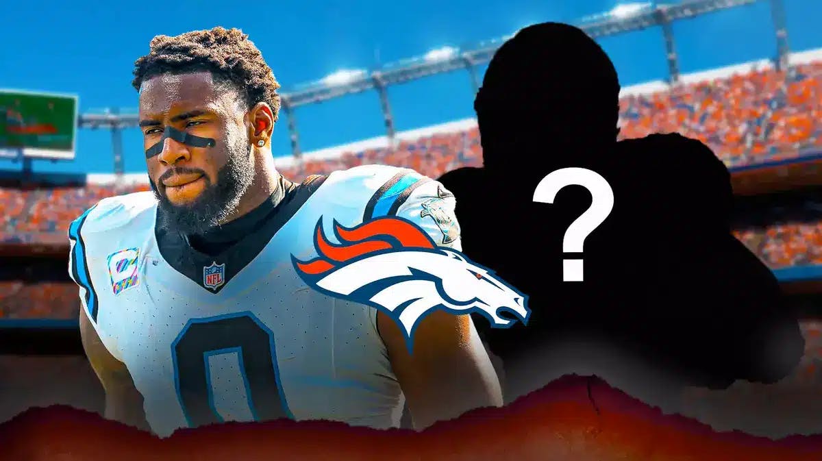 Broncos free agent target Brian Burns (in a Panthers uniform) next to a silhouette of a football player with a question mark in it. Use the Broncos logo somewhere in the background.