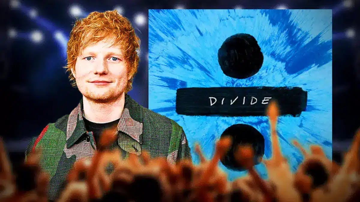 Ed Sheeran next to Divide album cover.