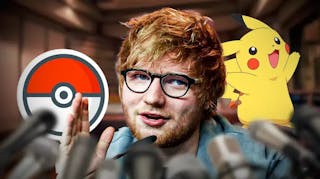 Ed Sheeran and Pokemon logo with Pikachu with recording studio background.