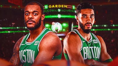 Jayson Tatum alongside Xavier Tillman with the Celtics arena in the background, make sure Tillman is in his current Celtics jersey