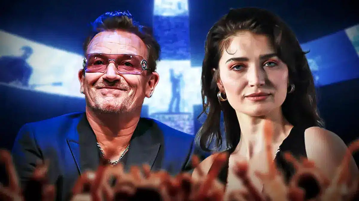 Bono and Eve Hewson with U2 Sphere background during "Zoo Station."