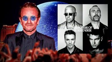 Bono next to U2 Songs of Surrender album cover and MSG Sphere background.