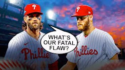 Phillies' Bryce Harper saying the following: What’s our fatal flaw? Have him saying it to Phillies' Zack Wheeler. Citizens Bank Park background.
