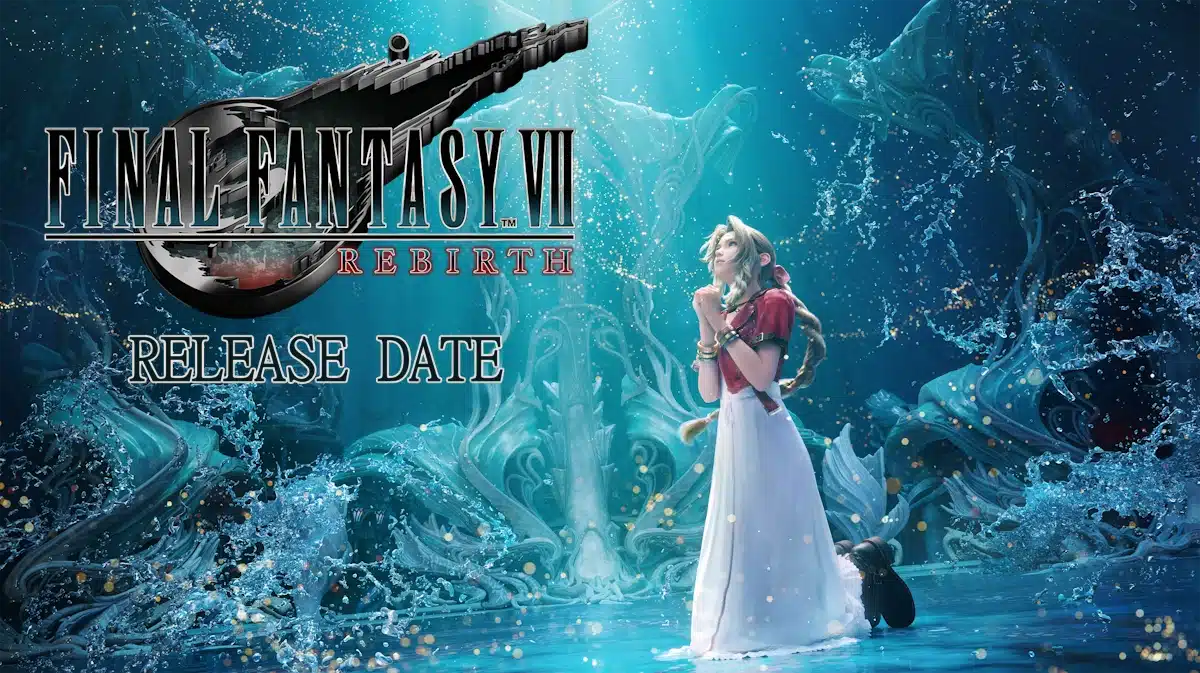 ff7 rebirth, ff7 rebirth release date, ff7 rebirth gameplay, ff7 rebirth story, ff7 rebirth trailer, an image of aerith with the ff7 rebirth logo in one corner and the words release date under it