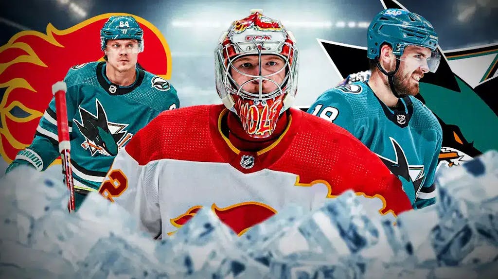Dustin Wolf in middle of image looking stern, Filip Zadina and Mikael Granlund on either side looking happy, CGY Flames and SJ Sharks logo, hockey rink in background