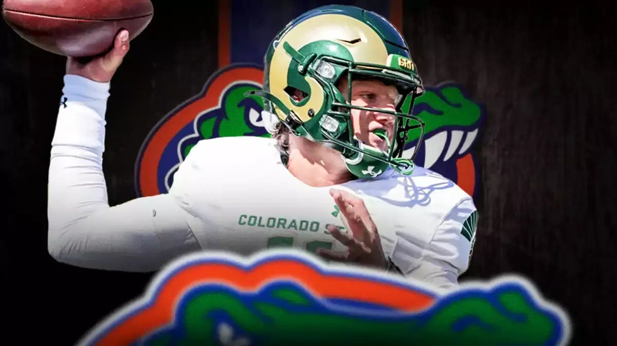 Florida football transfer portal player Clay Millen (Colorado State) in action with a big Florida Gators logo as the background.