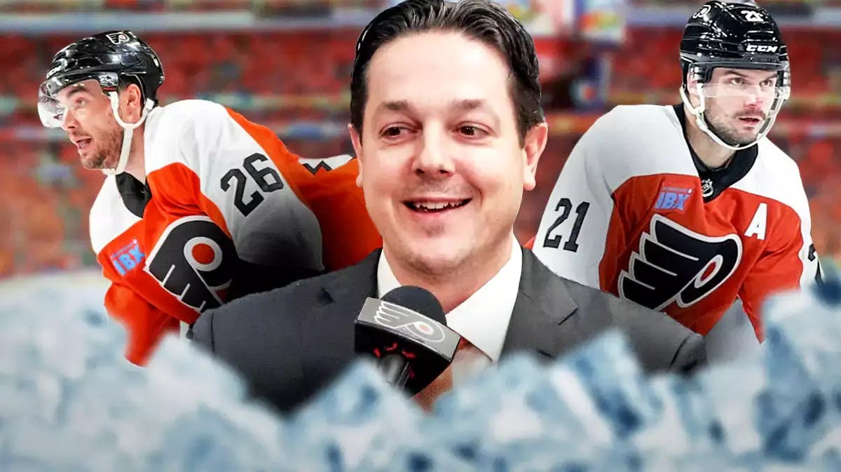 Danny Briere in the middle with Sean Walker and Scott Laughton on either side of him (Philadelphia Flyers)