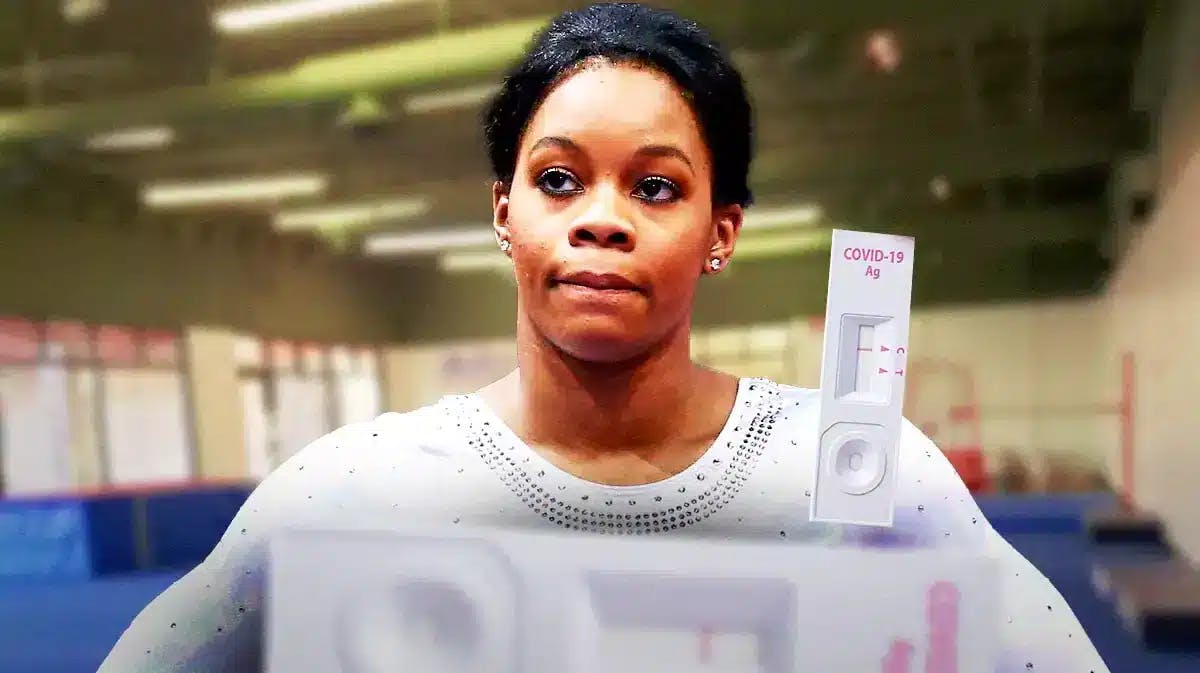 Olympic gymnast Gabby Douglas, with an upset look on her face, with a positive COVID-19 test in the background