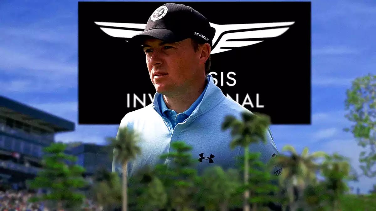 Genesis Invitational sign in the background, with Jordan Spieth in front looking frustrated.