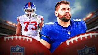 Justin Pugh and Evan Neal both in Giants gear