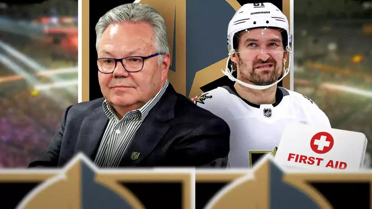 Mark Stone in middle of image looking stern with first aid kit, Vegas GM Kelly McCrimmon in image looking stern as well, VGK Golden Knights logo, hockey rink in background